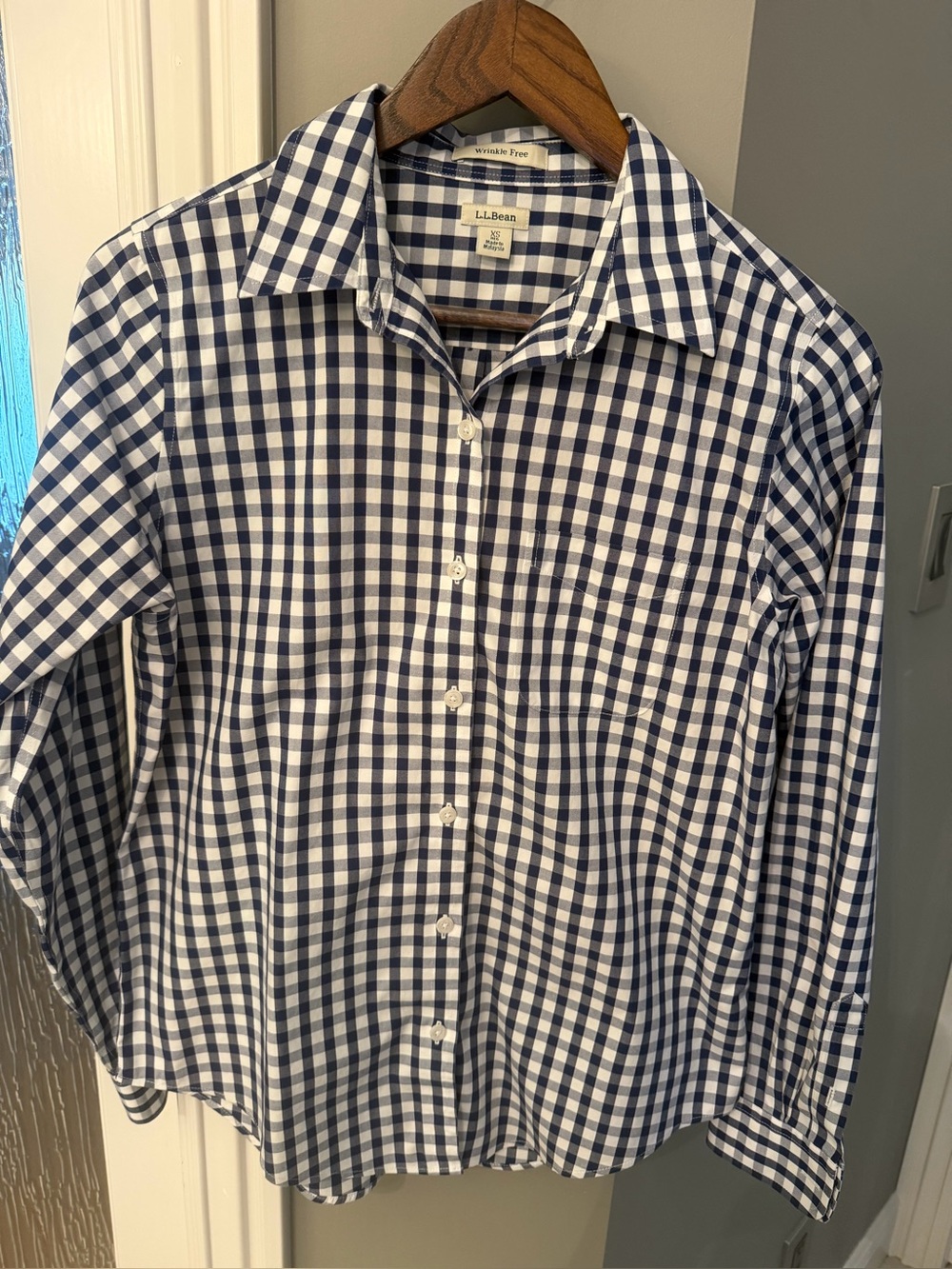 L.L.Bean Wrinkle Free Navy Gingham Button-Up Shirt Women’s XS 100% Cotton